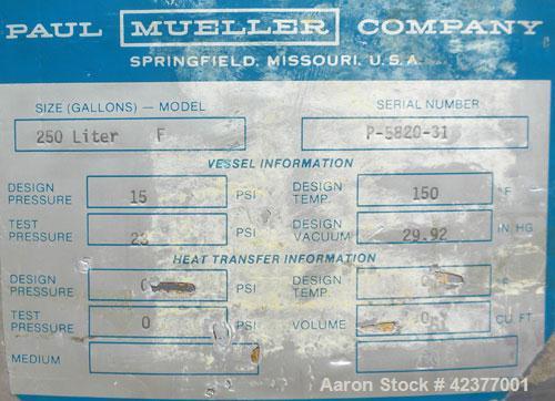 Used Mueller Pressure Tank, 66 Gallon, model F, 316L stainless steel, vertical. 24" Diameter x 32" straight side, cone top, dish bottom. Internal rated 15 psi @ 150 degrees F. Internal CIP spray ball...