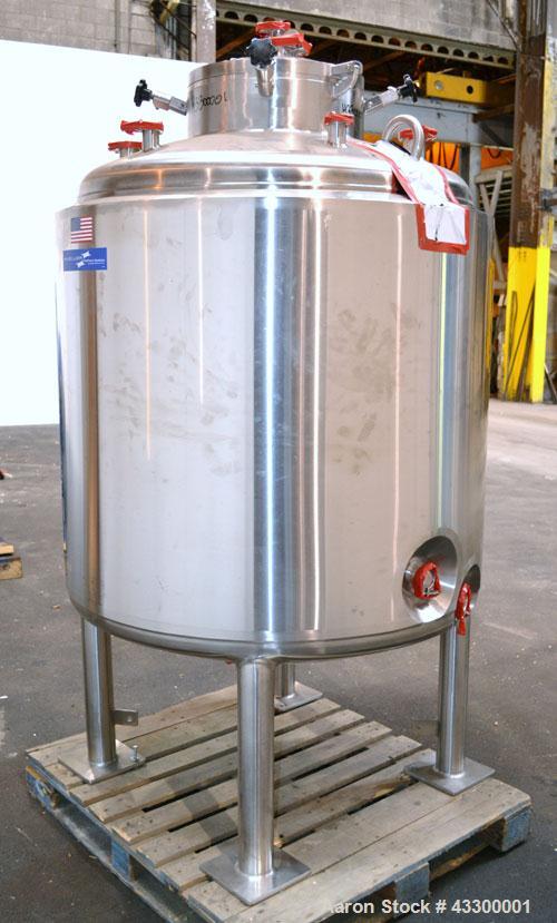 Unused- Mueller WFI Storage Tank, 250 Gallon (946 Liter), Model F, 316L Stainless Steel, Vertical. 42” Diameter x 37” straight side, dished top and bottom. Internal polished, rated 40 psi at 300 degr...