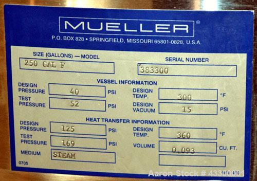Unused- Mueller WFI Storage Tank, 250 Gallon (946 Liter), Model F, 316L Stainless Steel, Vertical. 42” Diameter x 37” straight side, dished top and bottom. Internal polished, rated 40 psi at 300 degr...