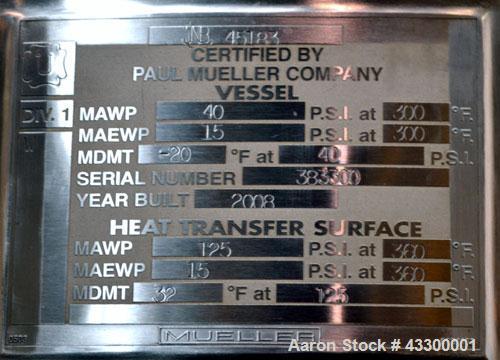 Unused- Mueller WFI Storage Tank, 250 Gallon (946 Liter), Model F, 316L Stainless Steel, Vertical. 42” Diameter x 37” straight side, dished top and bottom. Internal polished, rated 40 psi at 300 degr...