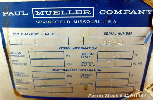 Used Mueller Tank, 100 Gallon, Model F, 316 Stainless Steel, Vertical.  36" Diameter x 32" straight side.  Dished top and bottom.  Internal rated 3 psi at 100 degrees F.  Off center top entering Ligh...