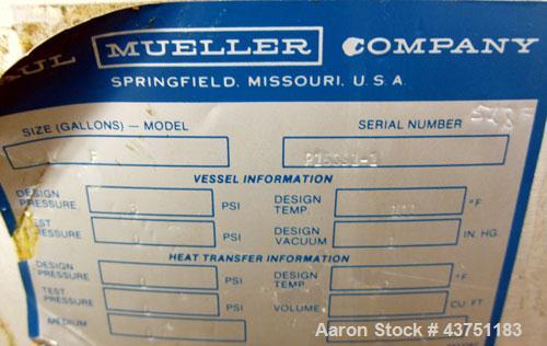 Used Mueller Tank, 100 Gallon, Model F, 316 Stainless Steel, Vertical.  36" Diameter x 32" straight side.  Dished top and bottom.  Internal rated 3 psi at 100 degrees F.  Off-center top entering Ligh...