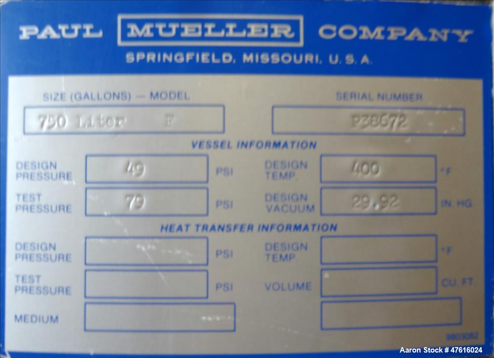 Used Mueller Pressure Tank, Model F, 750(198 Gallon), 316L Stainless Steel