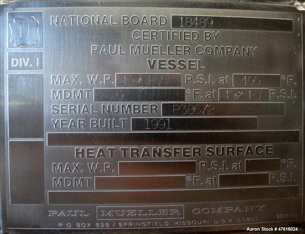 Used Mueller Pressure Tank, Model F, 750(198 Gallon), 316L Stainless Steel