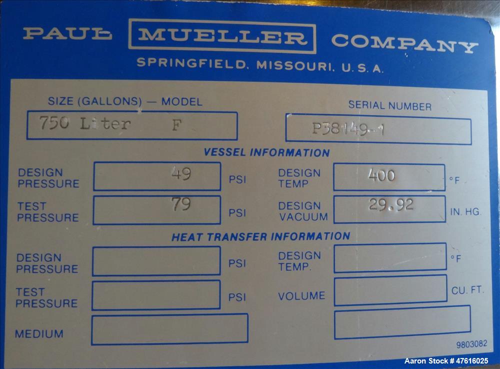 Used- Mueller Pressure Tank, Model F,(198 Gallon), 316L Stainless Steel
