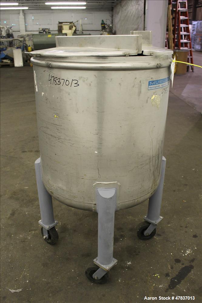 Used Mueller Tank, 378 Liter (99.8 Gallon), Model F, 316 Stainless Steel, Vertical. 30" Diameter x 29" straight side, open top with (2) 1/2 covers, dished bottom. Provision for a clamp on agitator. B...