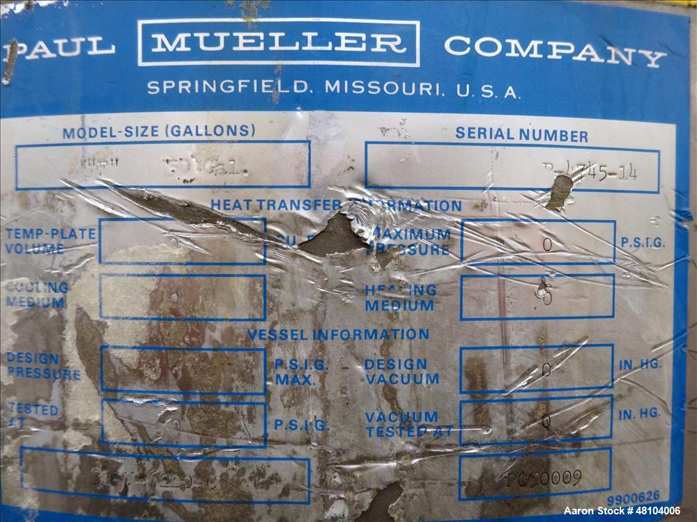Used Mueller Tank, Model F, 50 Gallon, 316 Stainless Steel, Vertical.