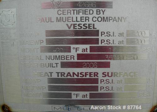 Unused-NEW: Mueller pressure tank, 470 gallon, 304/304L stainless steel, vertical. 48" diameter x 50" straight side. Dished top and bottom. Internal rated 15 psi at 200 deg F. Insulated with Foamglas...