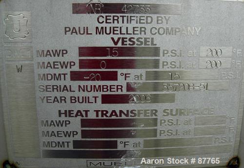 Unused-NEW: Mueller pressure tank, 470 gallon, 304/304L stainless steel, vertical. 48" diameter x 50" straight side. Dished top and bottom. Internal rated 15 psi at 200 deg F. Insulated with Foamglas...