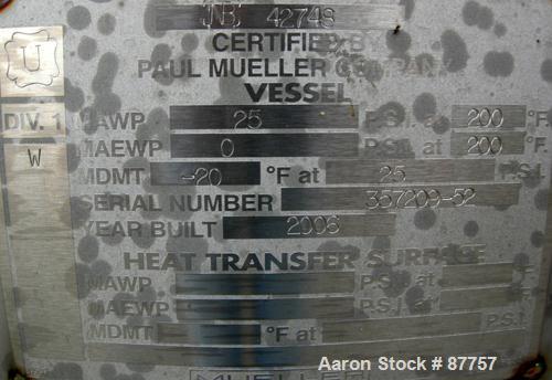 Unused- Mueller Pressure Tank, 250 gallon, 304/304L stainless steel, horizontal. 24" diameter x 124" straight side. (1) End dished, (1) end is a 24" bolt-on flat manway with davit arm. Internal rated...