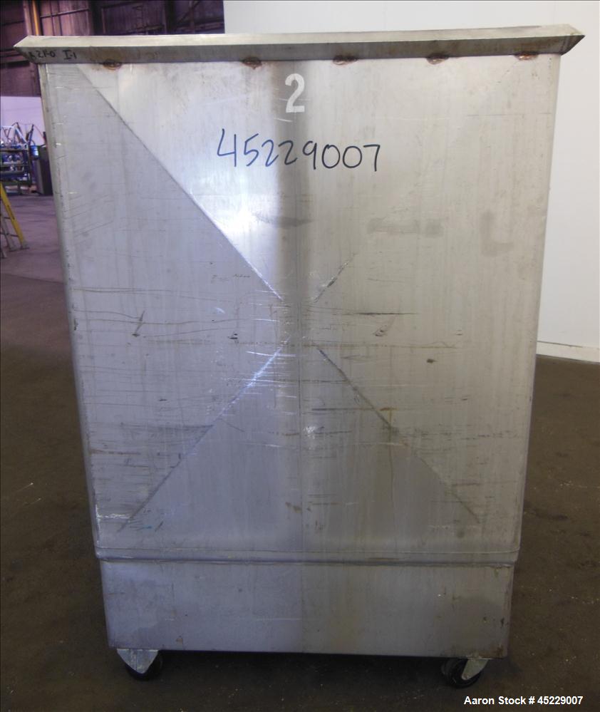 Used Mueller Porta Tank, Approximate 450 Gallon, 316 Stainless Steel. 51" long x 44" wide x 48" straight side, open top, no cover, slight coned bottom. Approximate 2" bottom outlet. Mounted on caster...