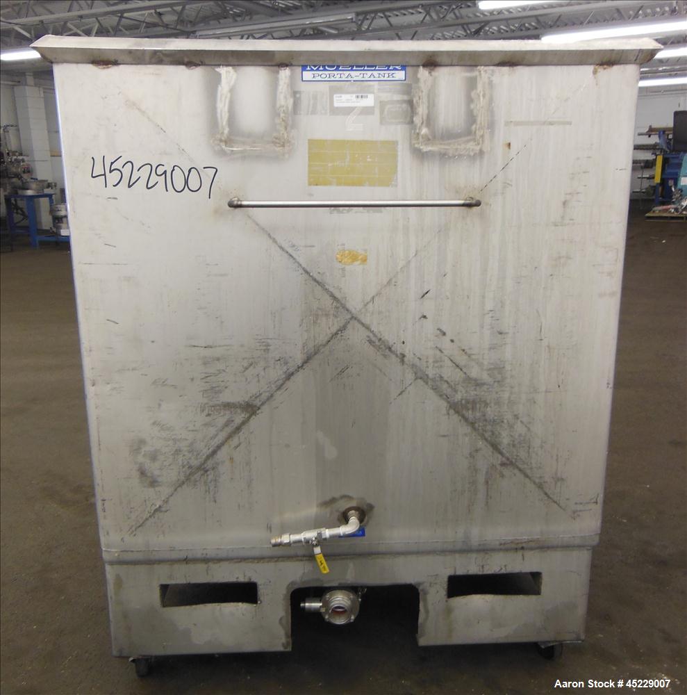Used Mueller Porta Tank, Approximate 450 Gallon, 316 Stainless Steel. 51" long x 44" wide x 48" straight side, open top, no cover, slight coned bottom. Approximate 2" bottom outlet. Mounted on caster...