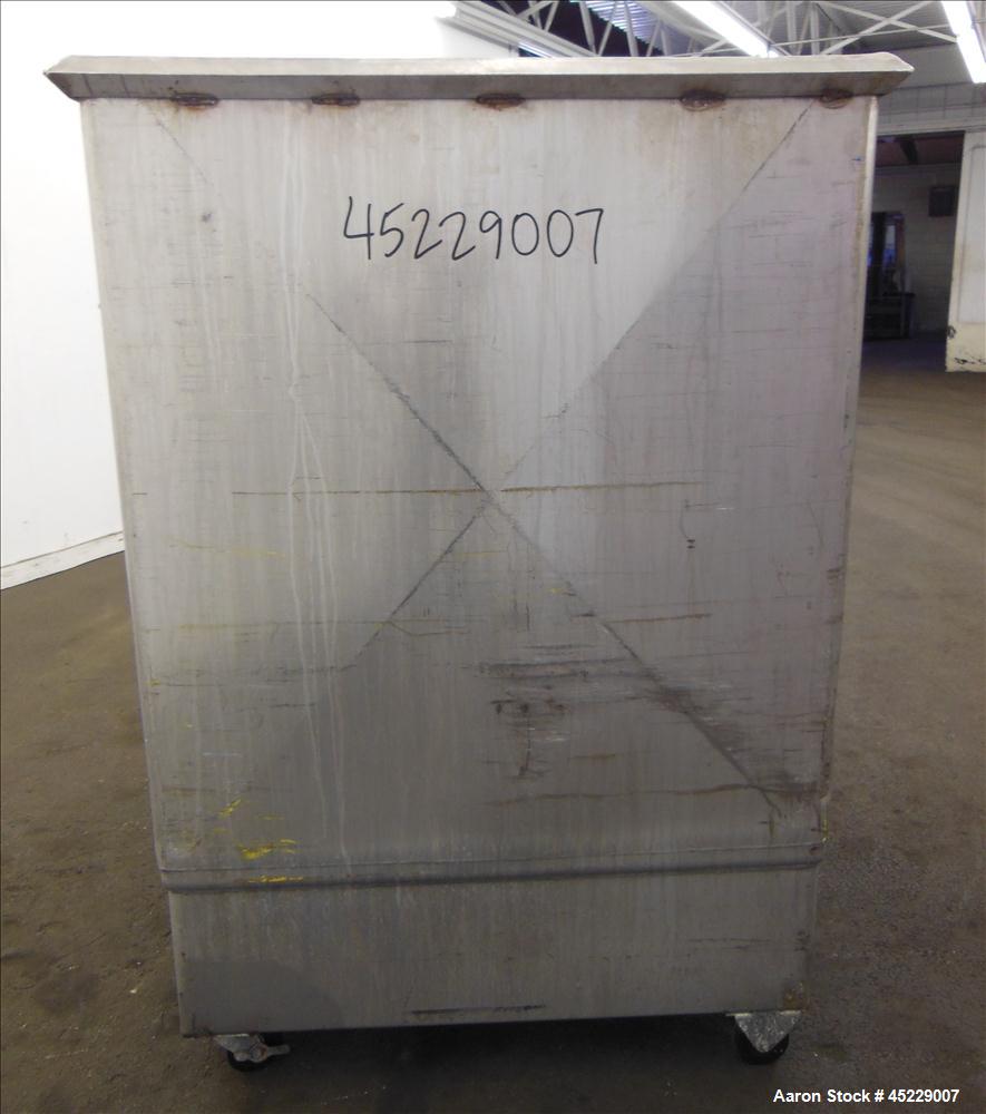 Used Mueller Porta Tank, Approximate 450 Gallon, 316 Stainless Steel. 51" long x 44" wide x 48" straight side, open top, no cover, slight coned bottom. Approximate 2" bottom outlet. Mounted on caster...