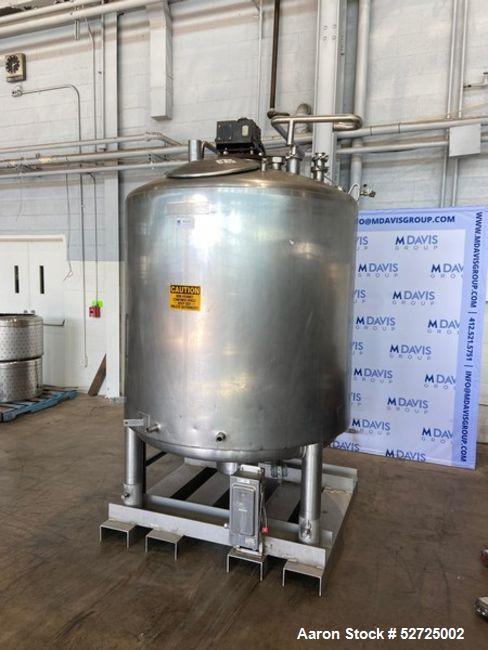 Used- Mueller Jacketed Mix Tank, Approximate 500 Gallon, Stainless Steel, Vertical. Dimple jacket rated 75 PSI at -20 to 350...