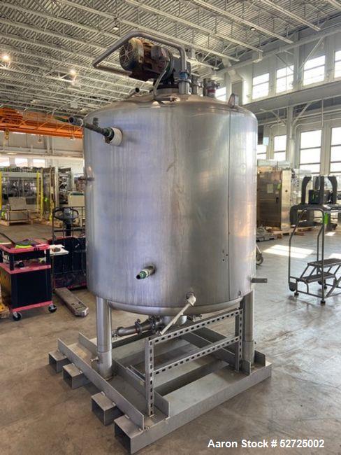 Used Mueller Jacketed Mix Tank, Approximate 500 Gallon, Stainless Steel, Vertical. Dimple jacket rated 75 PSI at -20 to 350 degrees F. Top mounted agitator with dual 3-blade props. Sidewall baffles. ...