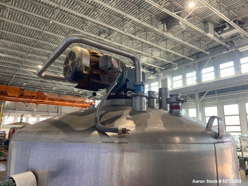 Used Mueller Jacketed Mix Tank, Approximate 500 Gallon, Stainless Steel, Vertical. Dimple jacket rated 75 PSI at -20 to 350 degrees F. Top mounted agitator with dual 3-blade props. Sidewall baffles. ...