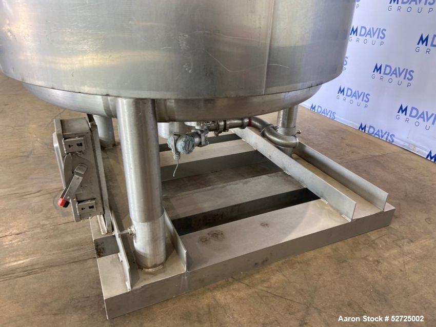 Used Mueller Jacketed Mix Tank, Approximate 500 Gallon, Stainless Steel, Vertical. Dimple jacket rated 75 PSI at -20 to 350 degrees F. Top mounted agitator with dual 3-blade props. Sidewall baffles. ...