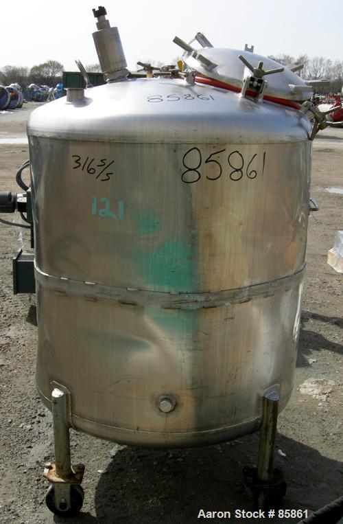 USED: Mueller tank, 300 gallon, 304 stainless steel, vertical. 44" diameter x 42" straight side, dished top and bottom. 1" diameter bottom supported shaft with (2) 3 blade turbines (no drive). 2 Side...