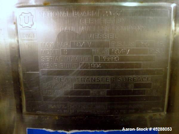 Used 500 Liter Stainless Steel Paul Mueller Company Tank