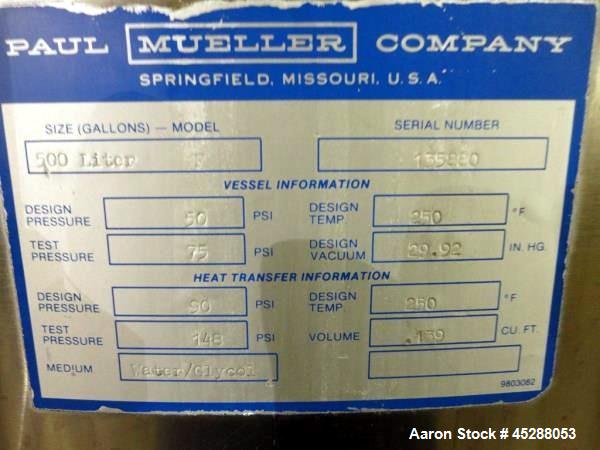 Used 500 Liter Stainless Steel Paul Mueller Company Tank