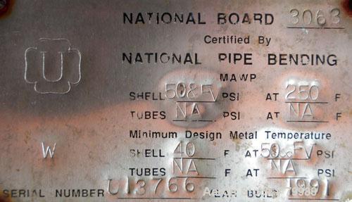 Used National Pipe Bending Pressure Tank, 40 Gallon, 316L Stainless Steel, Vertical. 18" diameter x 54" straight side, dished top, flat bottom. Internal rated 50 PSI/FV at 250 degrees F and 40 degree...