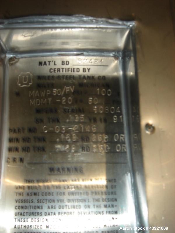 Used Niles Steel Pressure Tank, 100 Gallon, Stainless Steel Construction. Approximate 36" diameter x 36" straight side, dish top and bottom. Internal rated 50 psi & Full Vacuum at 100 degres F. Mount...