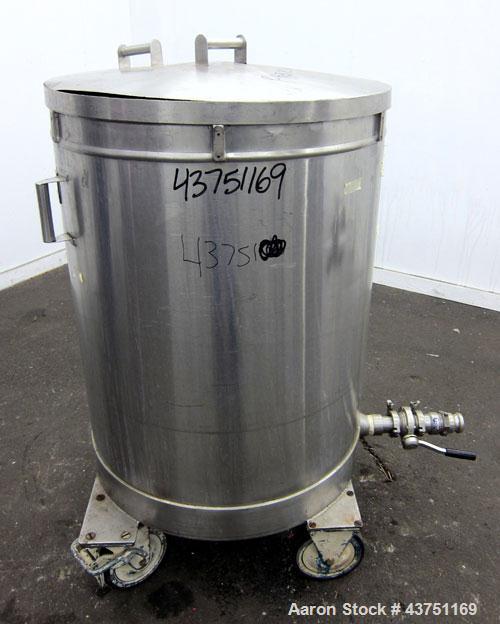 Used Tank, 100 Gallon, 304 Stainless Steel, Vertical. Approximate 31" diameter x 38" straight side. Open top with a 1 piece cover, 1" sloped bottom. 2-1/4" Side bottom outlet. Skirt mounted with cast...