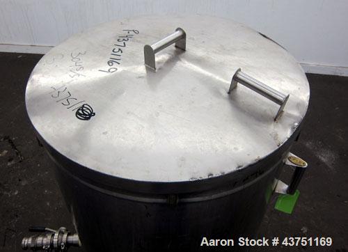 Used Tank, 100 Gallon, 304 Stainless Steel, Vertical. Approximate 31" diameter x 38" straight side. Open top with a 1 piece cover, 1" sloped bottom. 2-1/4" Side bottom outlet. Skirt mounted with cast...