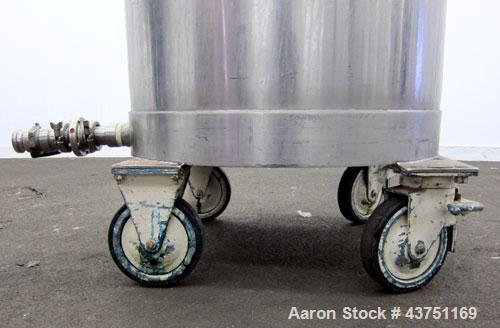 Used Tank, 100 Gallon, 304 Stainless Steel, Vertical. Approximate 31" diameter x 38" straight side. Open top with a 1 piece cover, 1" sloped bottom. 2-1/4" Side bottom outlet. Skirt mounted with cast...