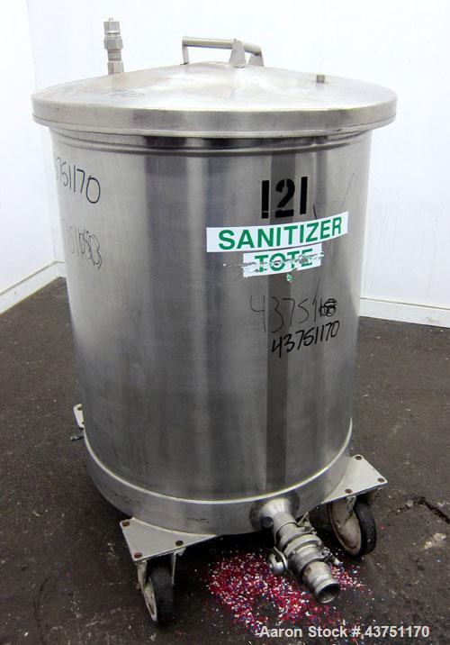 Used Tank, 100 Gallon, 304 Stainless Steel, Vertical. Approximate 31" diameter x 38" straight side. Open top with a 1 piece cover, 1" sloped bottom. 2-1/4" Side bottom outlet. Skirt mounted with cast...