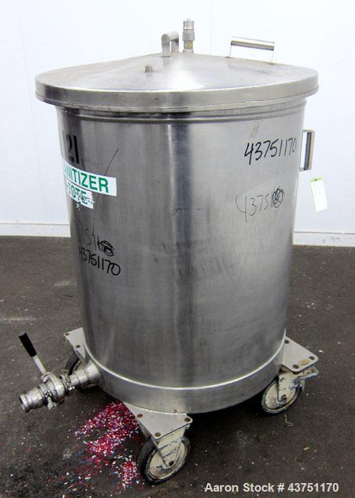 Used Tank, 100 Gallon, 304 Stainless Steel, Vertical. Approximate 31" diameter x 38" straight side. Open top with a 1 piece cover, 1" sloped bottom. 2-1/4" Side bottom outlet. Skirt mounted with cast...