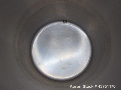 Used Tank, 100 Gallon, 304 Stainless Steel, Vertical. Approximate 31" diameter x 38" straight side. Open top with a 1 piece cover, 1" sloped bottom. 2-1/4" Side bottom outlet. Skirt mounted with cast...