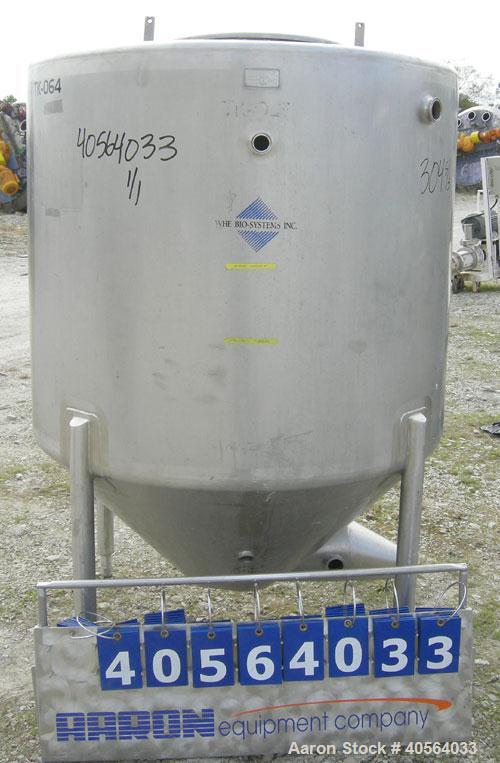 Used W.H.E. Bio-Systems Tank, 325 gallon, 304 stainless steel, vertical. 48 1/2" diameter x 40" straight side, flat top, coned bottom. Provision for a clamp on agitator. Openings top 3" tri-clamp, 4"...