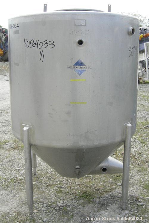 Used W.H.E. Bio-Systems Tank, 325 gallon, 304 stainless steel, vertical. 48 1/2" diameter x 40" straight side, flat top, coned bottom. Provision for a clamp on agitator. Openings top 3" tri-clamp, 4"...