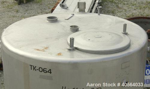 Used W.H.E. Bio-Systems Tank, 325 gallon, 304 stainless steel, vertical. 48 1/2" diameter x 40" straight side, flat top, coned bottom. Provision for a clamp on agitator. Openings top 3" tri-clamp, 4"...