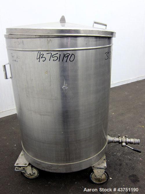 Used Tank, 200 Gallon, 316 Stainless Steel, Vertical. Approximate 38" diameter x 47" straight side. Open top with a 1 piece 304 stainless steel cover, 1/2" sloped bottom. 2-1/4" Side bottom outlet. S...