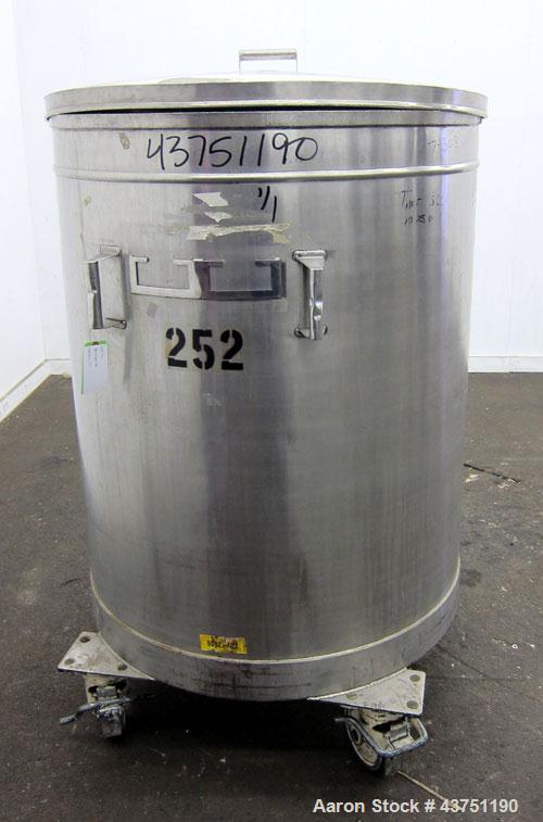 Used Tank, 200 Gallon, 316 Stainless Steel, Vertical. Approximate 38" diameter x 47" straight side. Open top with a 1 piece 304 stainless steel cover, 1/2" sloped bottom. 2-1/4" Side bottom outlet. S...