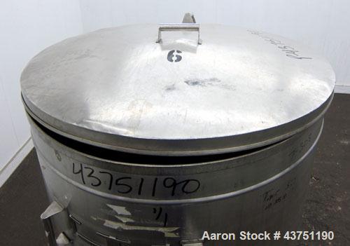 Used Tank, 200 Gallon, 316 Stainless Steel, Vertical. Approximate 38" diameter x 47" straight side. Open top with a 1 piece 304 stainless steel cover, 1/2" sloped bottom. 2-1/4" Side bottom outlet. S...
