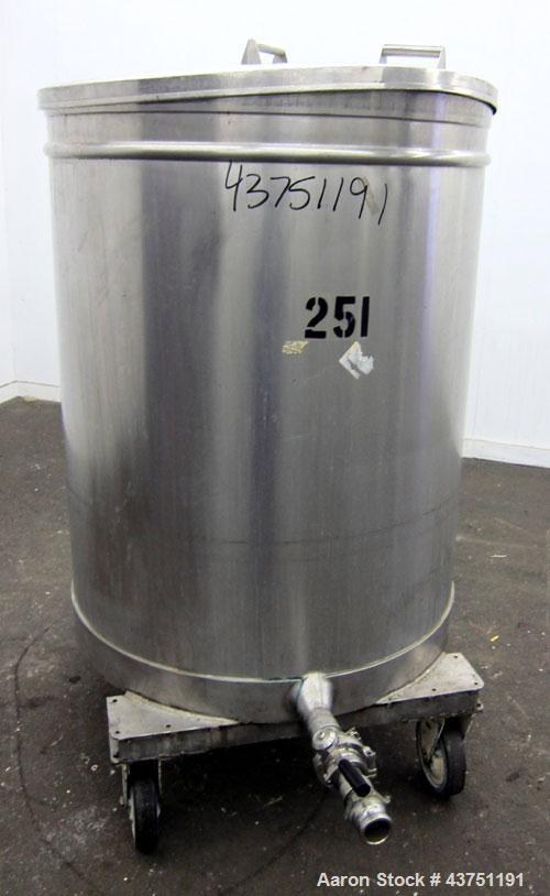 Used Tank, 200 Gallon, 304 Stainless Steel, Vertical.  Approximately 38" diameter x 47" straight side.  Open top with a 1 piece cover, 1/2" sloped bottom. 2-1/4" Side bottom outlet.  Skirt mounted wi...