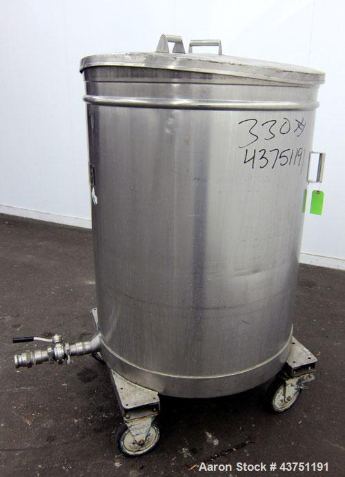 Used Tank, 200 Gallon, 304 Stainless Steel, Vertical.  Approximately 38" diameter x 47" straight side.  Open top with a 1 piece cover, 1/2" sloped bottom. 2-1/4" Side bottom outlet.  Skirt mounted wi...