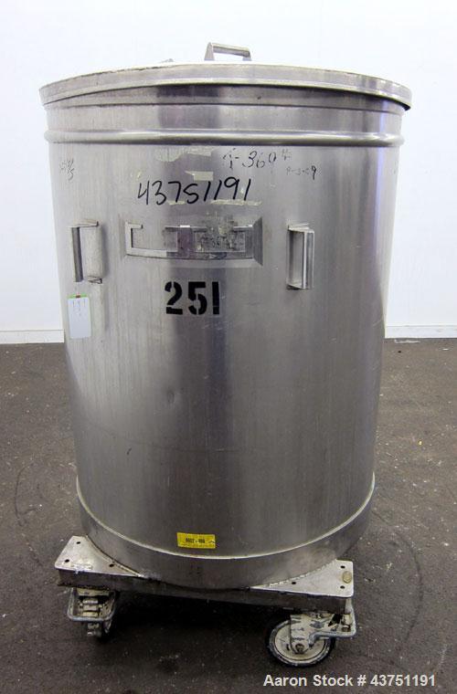 Used Tank, 200 Gallon, 304 Stainless Steel, Vertical.  Approximately 38" diameter x 47" straight side.  Open top with a 1 piece cover, 1/2" sloped bottom. 2-1/4" Side bottom outlet.  Skirt mounted wi...