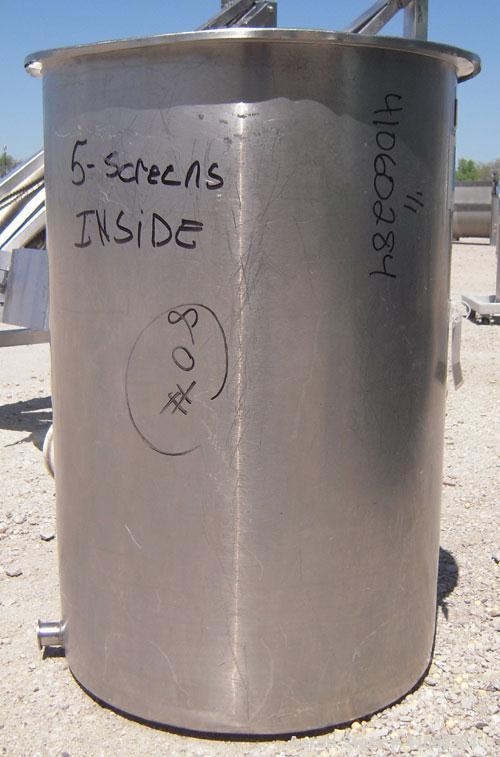 Used Tank/Drum, 70 Gallon, 316 Stainless Steel, Vertical. 24" diameter x 36" deep, flat open top with a cover, flat bottom. 1 1/2" tri-clamp side bottom outlet.
