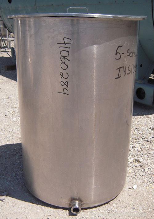 Used Tank/Drum, 70 Gallon, 316 Stainless Steel, Vertical. 24" diameter x 36" deep, flat open top with a cover, flat bottom. 1 1/2" tri-clamp side bottom outlet.