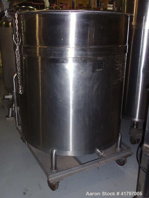 Used Tank, 300 Gallon, Stainless Steel, Vertical. 44"diameter x 46" staight side, open top with cover, flat bottom. 1-1/2" side bottom outlet. Mounted on a base with casters.