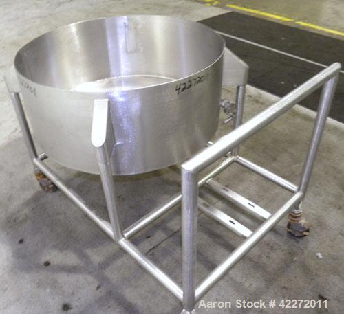 Used Tank, Approximate 40 Gallon, 316 stainless steel, vertical. 32" diameter x 12" straight side. Open top, no cover, coned bottom. 2" Tri-clamp center bottom outlet. Mounted on a stainless steel fr...