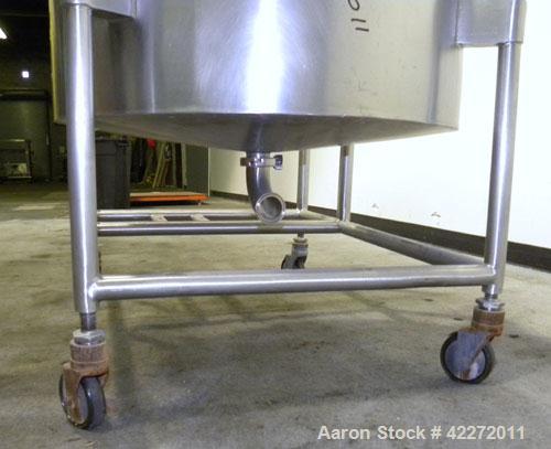 Used Tank, Approximate 40 Gallon, 316 stainless steel, vertical. 32" diameter x 12" straight side. Open top, no cover, coned bottom. 2" Tri-clamp center bottom outlet. Mounted on a stainless steel fr...