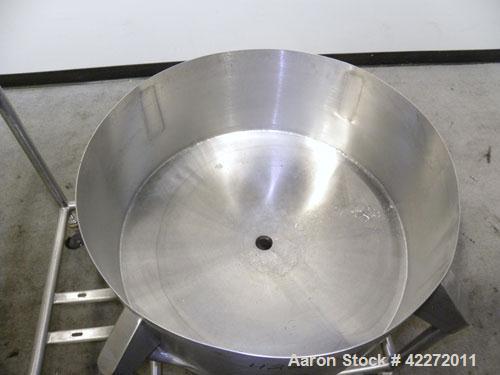Used Tank, Approximate 40 Gallon, 316 stainless steel, vertical. 32" diameter x 12" straight side. Open top, no cover, coned bottom. 2" Tri-clamp center bottom outlet. Mounted on a stainless steel fr...