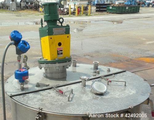 Used Tank, 440 Gallon, 304 Stainless Steel, Vertical. 48" Diameter x 52" straight side. Open top with a 2 piece cover, 1/2 bolt on, 1/2 clamp, dished bottom. Off center top entering Lightnin agitator...