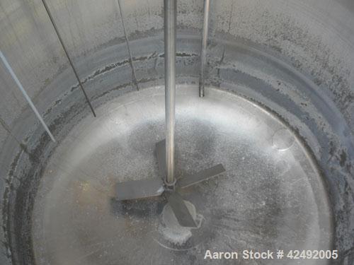Used Tank, 440 Gallon, 304 Stainless Steel, Vertical. 48" Diameter x 52" straight side. Open top with a 2 piece cover, 1/2 bolt on, 1/2 clamp, dished bottom. Off center top entering Lightnin agitator...