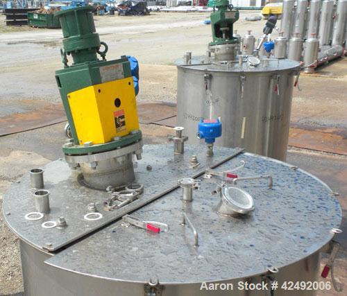 Used Tank, 440 Gallon, 304 Stainless Steel, Vertical. 48" Diameter x 52" straight side. Open top with a 2 piece cover, 1/2 bolt on, 1/2 clamp, dished bottom. Off center top entering Lightnin agitator...